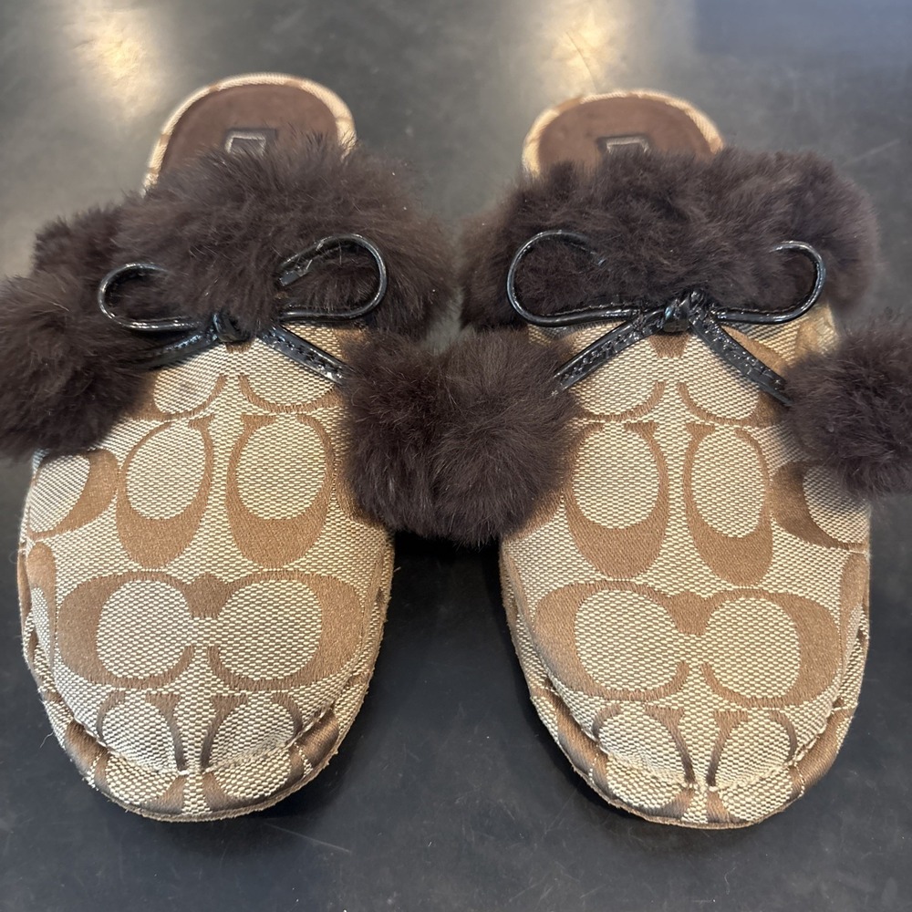 Coach Signature Fur Trim Mule Slippers Women's Brown Logo SlipOn House Shoes Sz5 - Picture 9 of 9